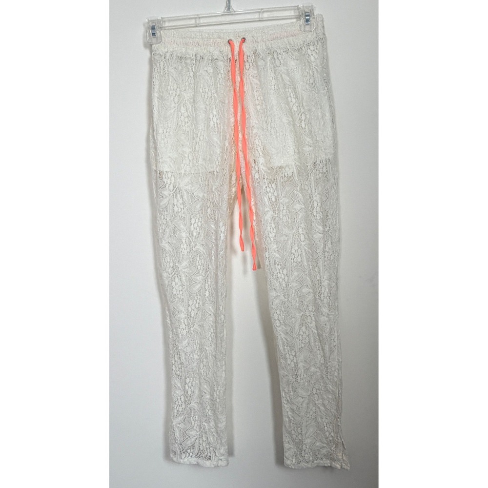 Ivory Lace Beach Cover Up Pants Women Small Sheer Boho‎ Resort Drawstring